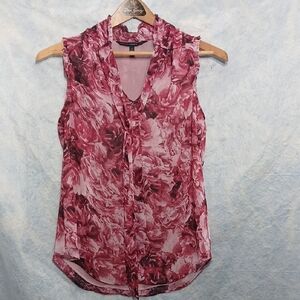 White House Black Market Sleeveless Pink Floral Tie Neck Blouse SZ 4